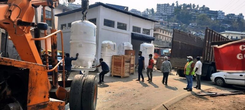 Equipment for PSA Oxygen Plant for Naga Hospital Authority Kohima (NHAK) airlifted from Delhi reached Kohima on May 1. The NPFLP, among others, has sought details on how Oxygen Plants in the State have been set up and under which funds. (Photo Courtesy: Twitter | For representational purpose only)